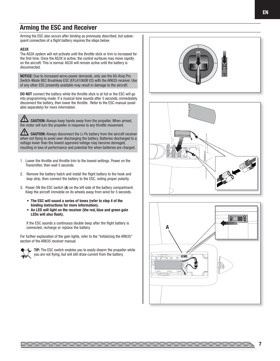 Arming the esc and receiver | E-flite Carbon-Z Yak 54 3X BNF Basic User Manual | Page 7 / 23