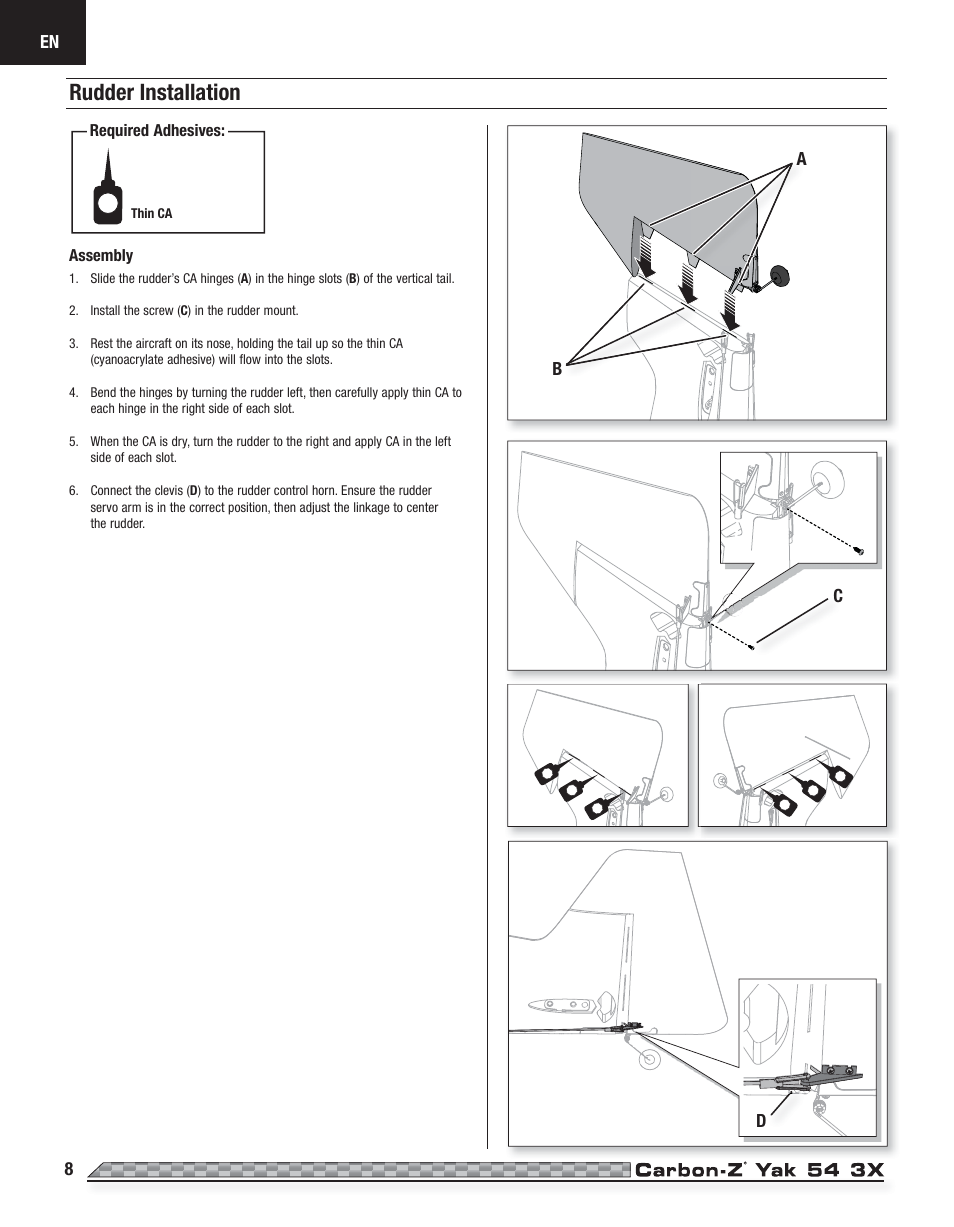 Rudder installation | E-flite Carbon-Z Yak 54 3X BNF Basic User Manual | Page 8 / 23