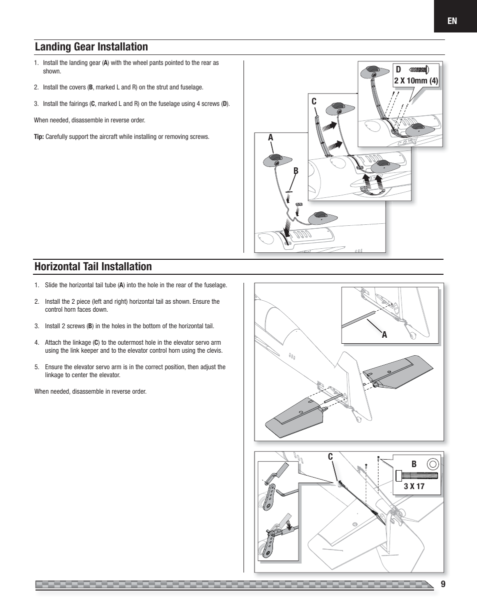 Landing gear installation, Horizontal tail installation | E-flite Carbon-Z Yak 54 3X BNF Basic User Manual | Page 9 / 23