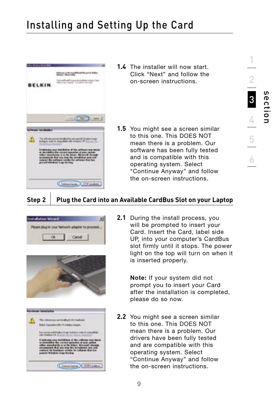 Installing and setting up the card, Se ct io n | Belkin F5D9010 User Manual | Page 11 / 45
