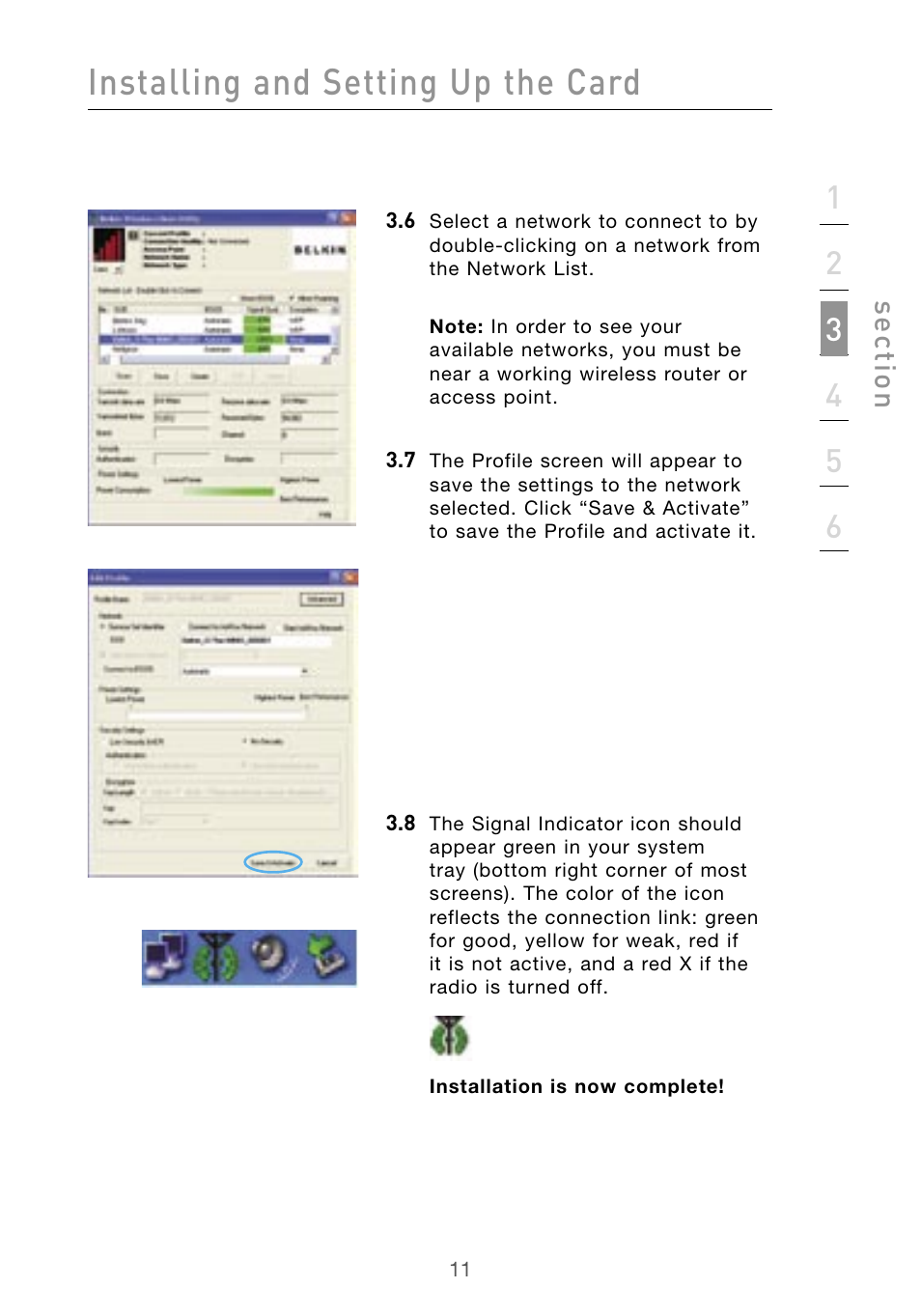 Installing and setting up the card, Se ct io n | Belkin F5D9010 User Manual | Page 13 / 45