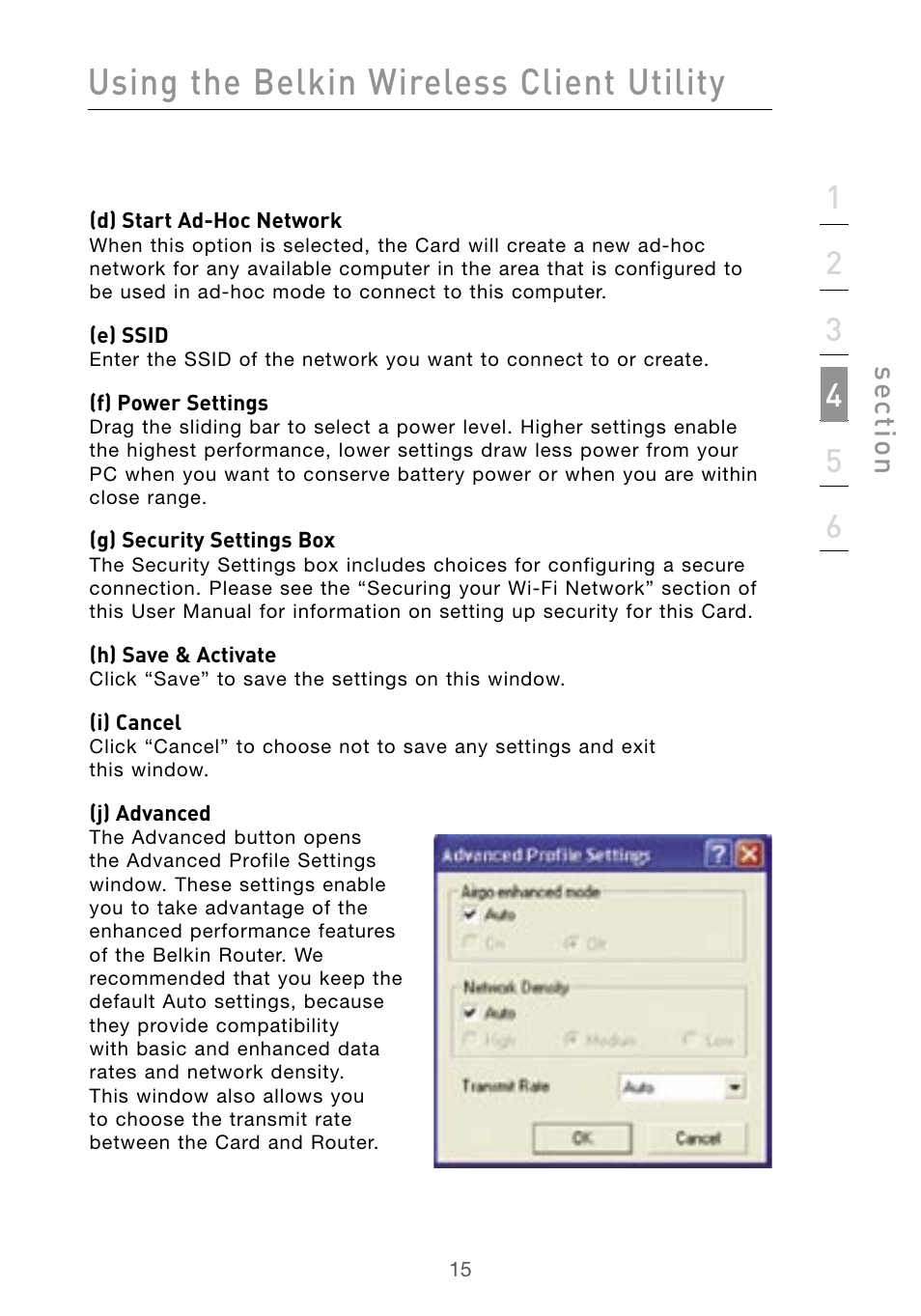 Using the belkin wireless client utility, Se ct io n | Belkin F5D9010 User Manual | Page 17 / 45