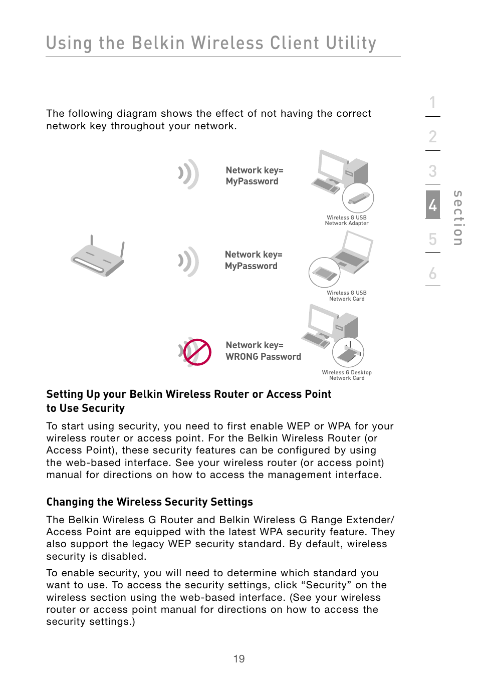 Using the belkin wireless client utility, Se ct io n | Belkin F5D9010 User Manual | Page 21 / 45