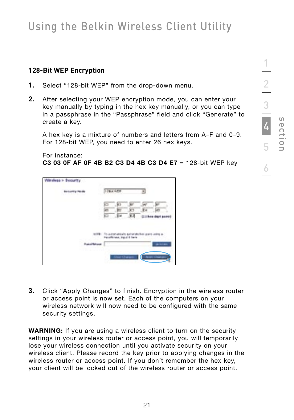 Using the belkin wireless client utility, Se ct io n | Belkin F5D9010 User Manual | Page 23 / 45