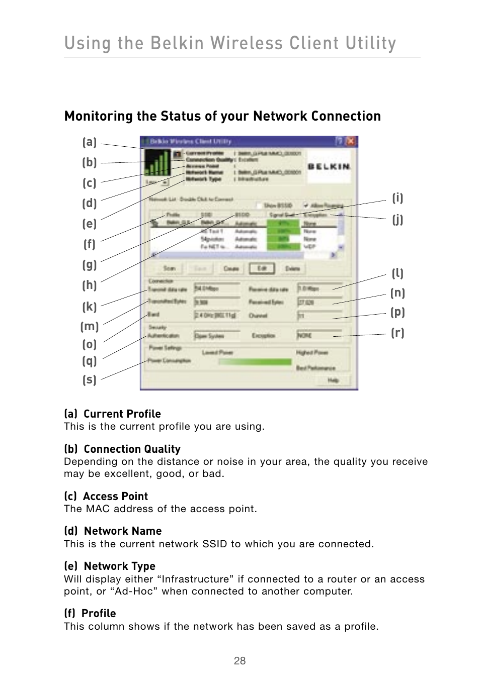Using the belkin wireless client utility | Belkin F5D9010 User Manual | Page 30 / 45