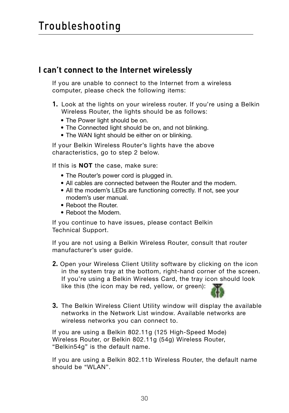 Troubleshooting, I can’t connect to the internet wirelessly | Belkin F5D9010 User Manual | Page 32 / 45