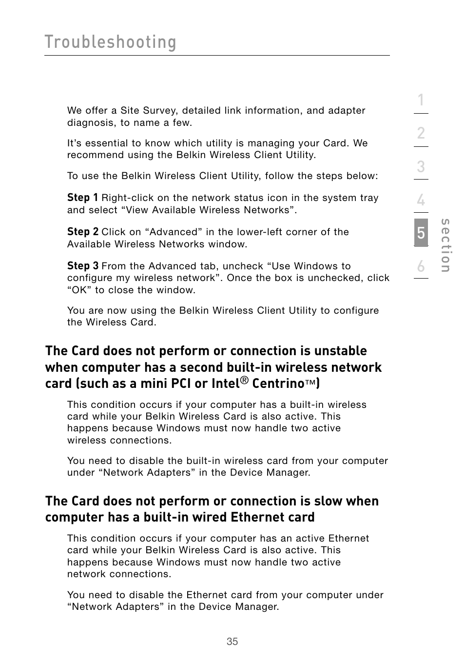 Troubleshooting, Se ct io n | Belkin F5D9010 User Manual | Page 37 / 45