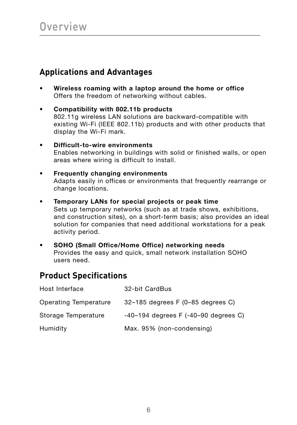 Overview, Applications and advantages, Product specifications | Belkin F5D9010 User Manual | Page 8 / 45