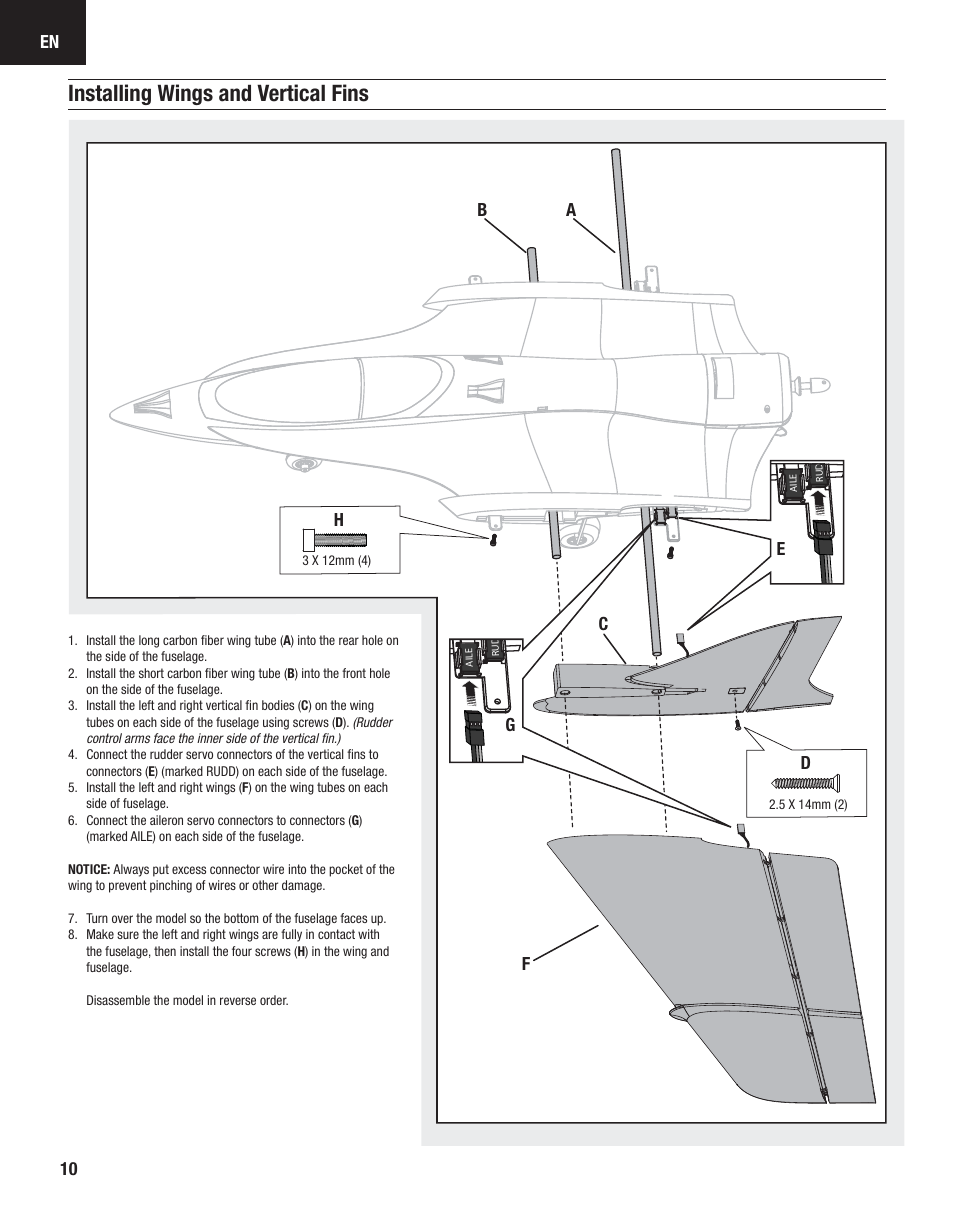 Installing wings and vertical fins, Da b c, Fe g 10 | E-flite Carbon-Z Scimitar BNF User Manual | Page 10 / 28