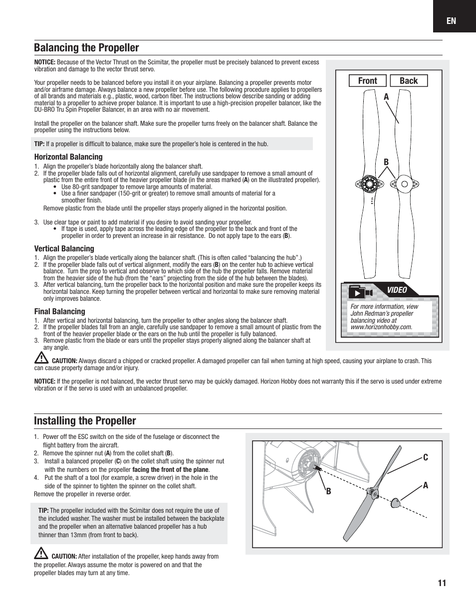 Balancing the propeller installing the propeller, Ca b, Ab back front 11 | E-flite Carbon-Z Scimitar BNF User Manual | Page 11 / 28