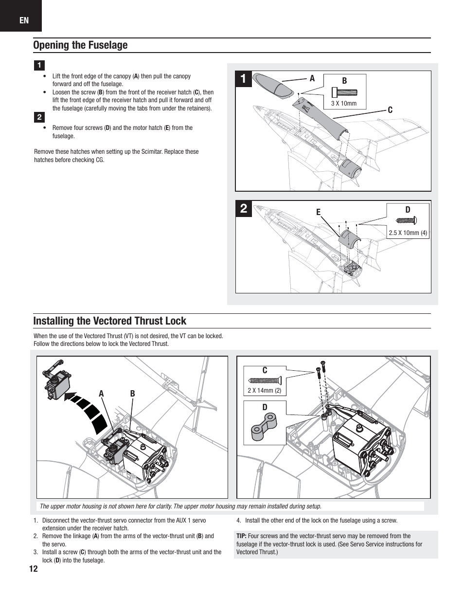 Installing the vectored thrust lock, Opening the fuselage | E-flite Carbon-Z Scimitar BNF User Manual | Page 12 / 28