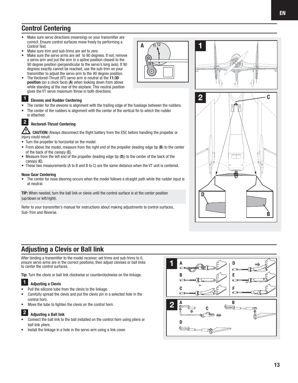 Control centering, Adjusting a clevis or ball link | E-flite Carbon-Z Scimitar BNF User Manual | Page 13 / 28