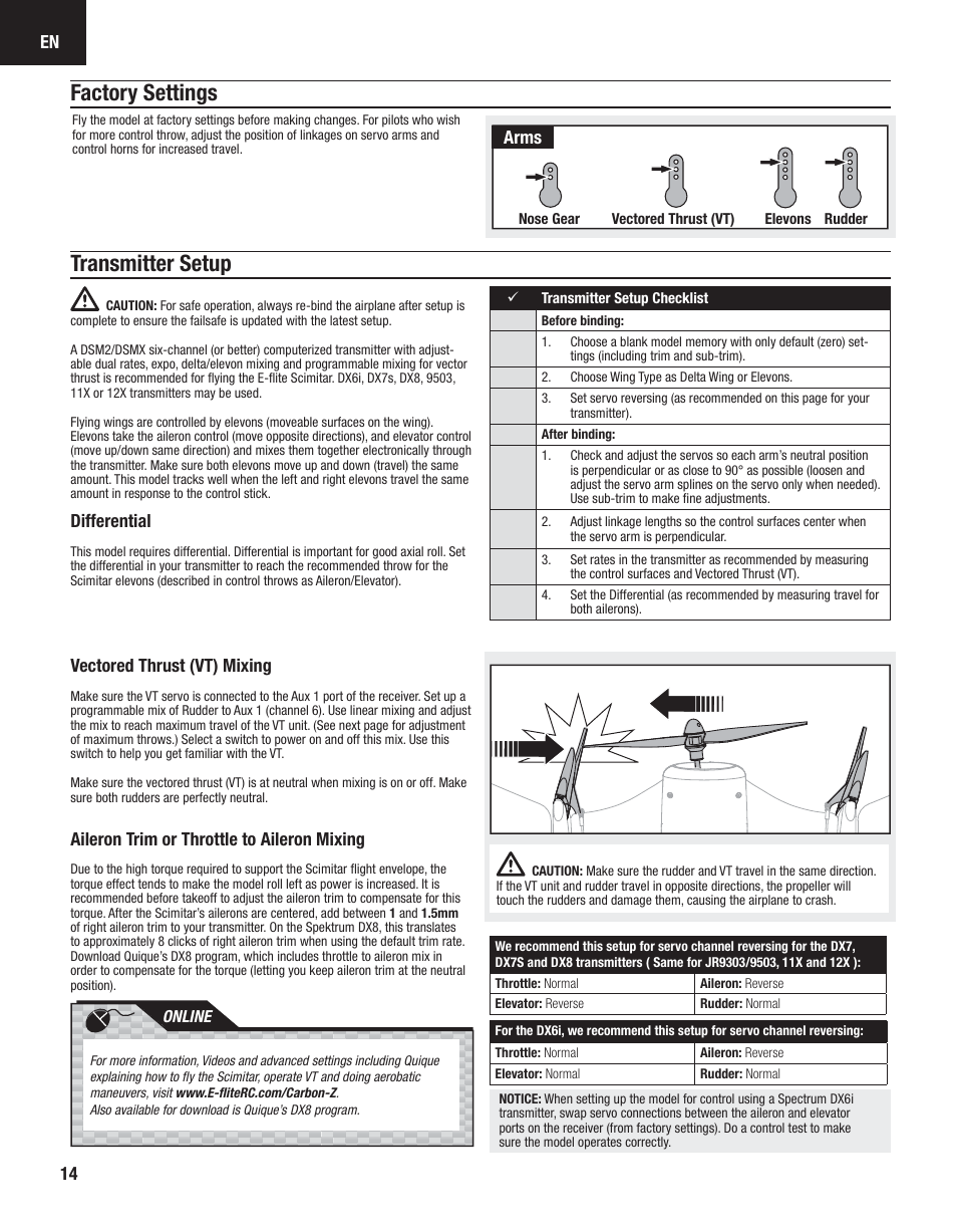 Transmitter setup, Factory settings, Differential | Vectored thrust (vt) mixing, Aileron trim or throttle to aileron mixing, Arms | E-flite Carbon-Z Scimitar BNF User Manual | Page 14 / 28