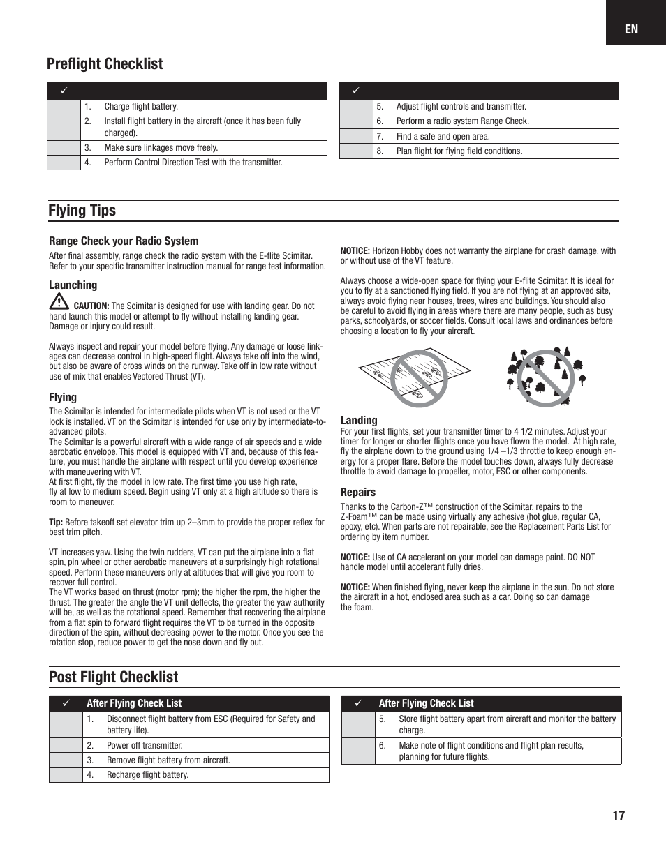Post flight checklist, Preﬂ ight checklist, Flying tips | E-flite Carbon-Z Scimitar BNF User Manual | Page 17 / 28