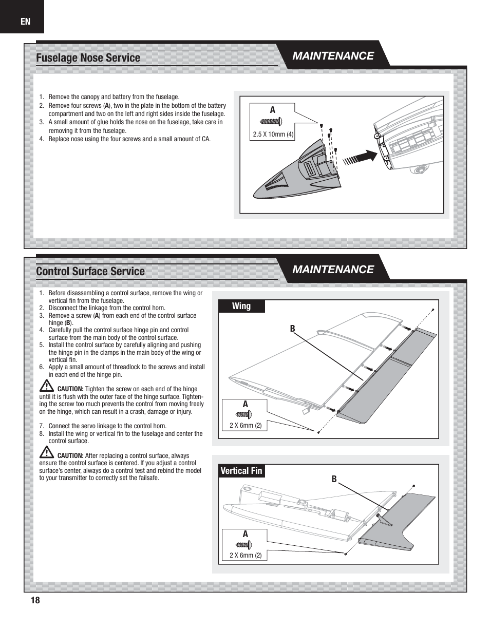 Fuselage nose service, Control surface service, Maintenance | E-flite Carbon-Z Scimitar BNF User Manual | Page 18 / 28