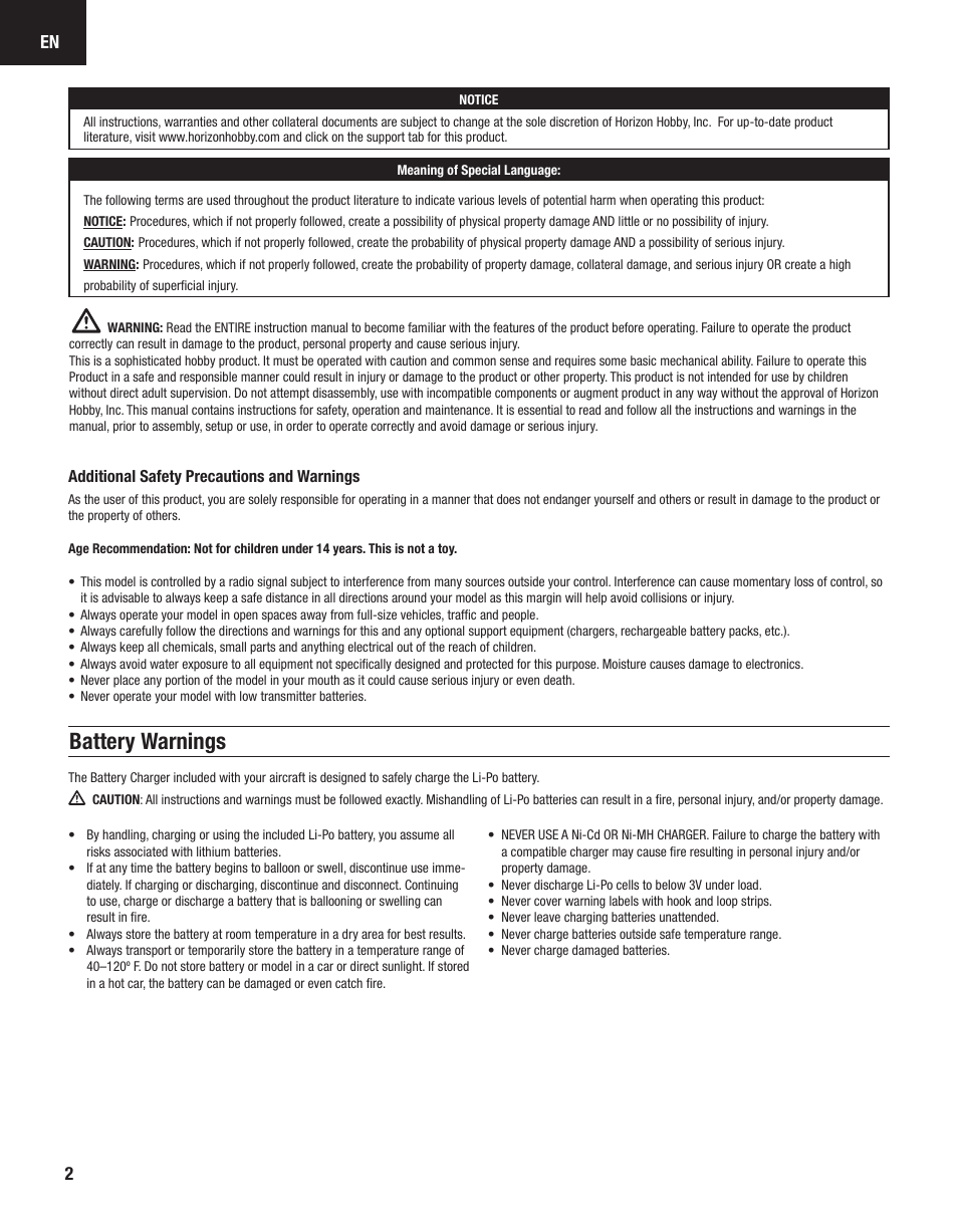 Battery warnings | E-flite Carbon-Z Scimitar BNF User Manual | Page 2 / 28