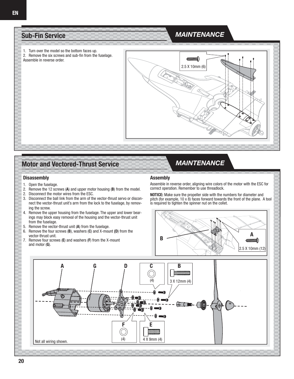 Sub-fin service, Motor and vectored-thrust service, Maintenance | E-flite Carbon-Z Scimitar BNF User Manual | Page 20 / 28