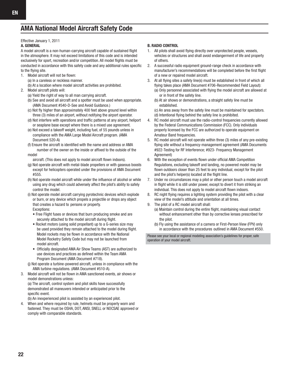 Ama national model aircraft safety code | E-flite Carbon-Z Scimitar BNF User Manual | Page 22 / 28