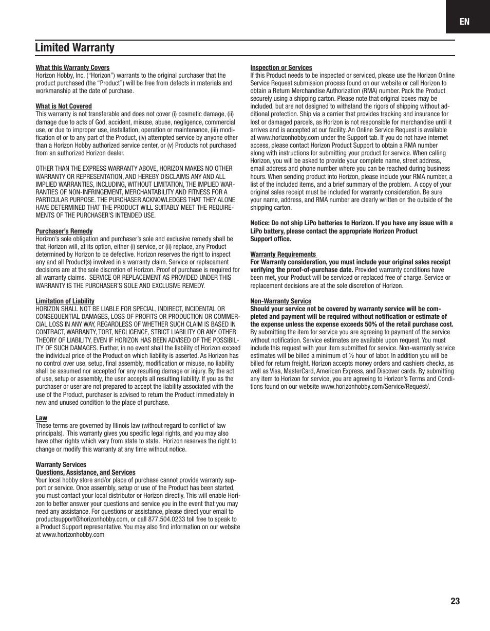 Limited warranty | E-flite Carbon-Z Scimitar BNF User Manual | Page 23 / 28