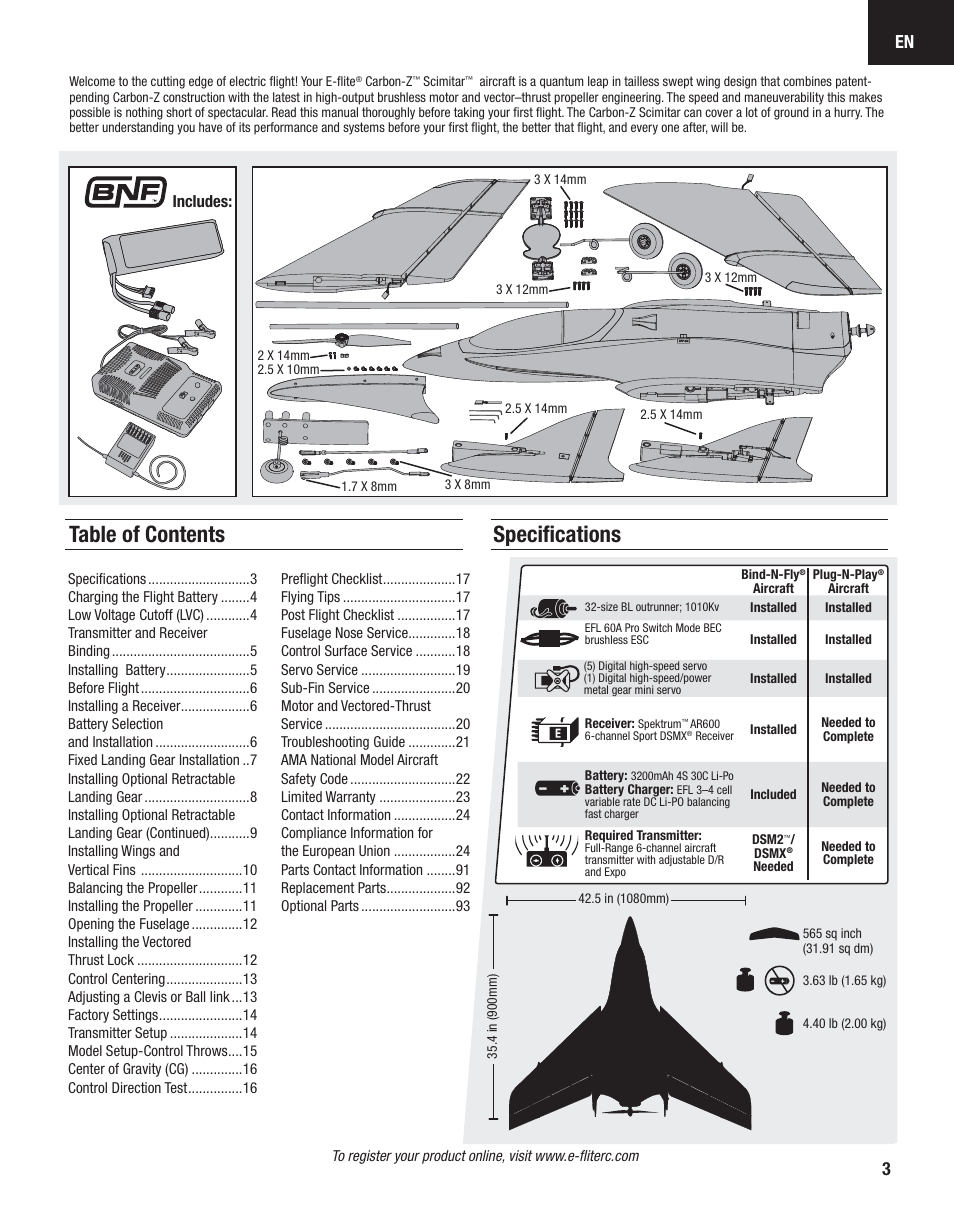 Table of contents speciﬁ cations | E-flite Carbon-Z Scimitar BNF User Manual | Page 3 / 28