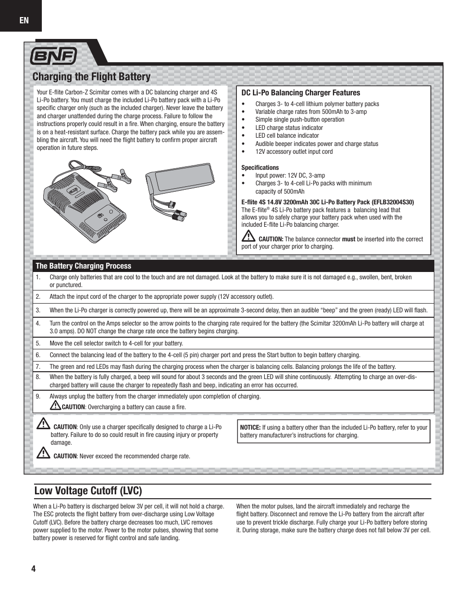 Charging the flight battery, Low voltage cutoff (lvc) | E-flite Carbon-Z Scimitar BNF User Manual | Page 4 / 28
