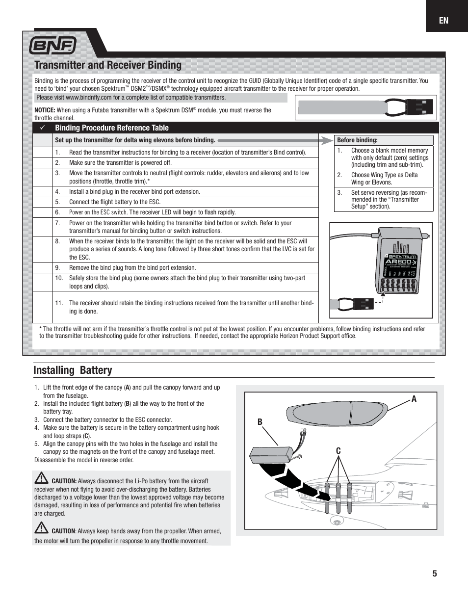 Installing battery, Transmitter and receiver binding, Ab c | Binding procedure reference table | E-flite Carbon-Z Scimitar BNF User Manual | Page 5 / 28