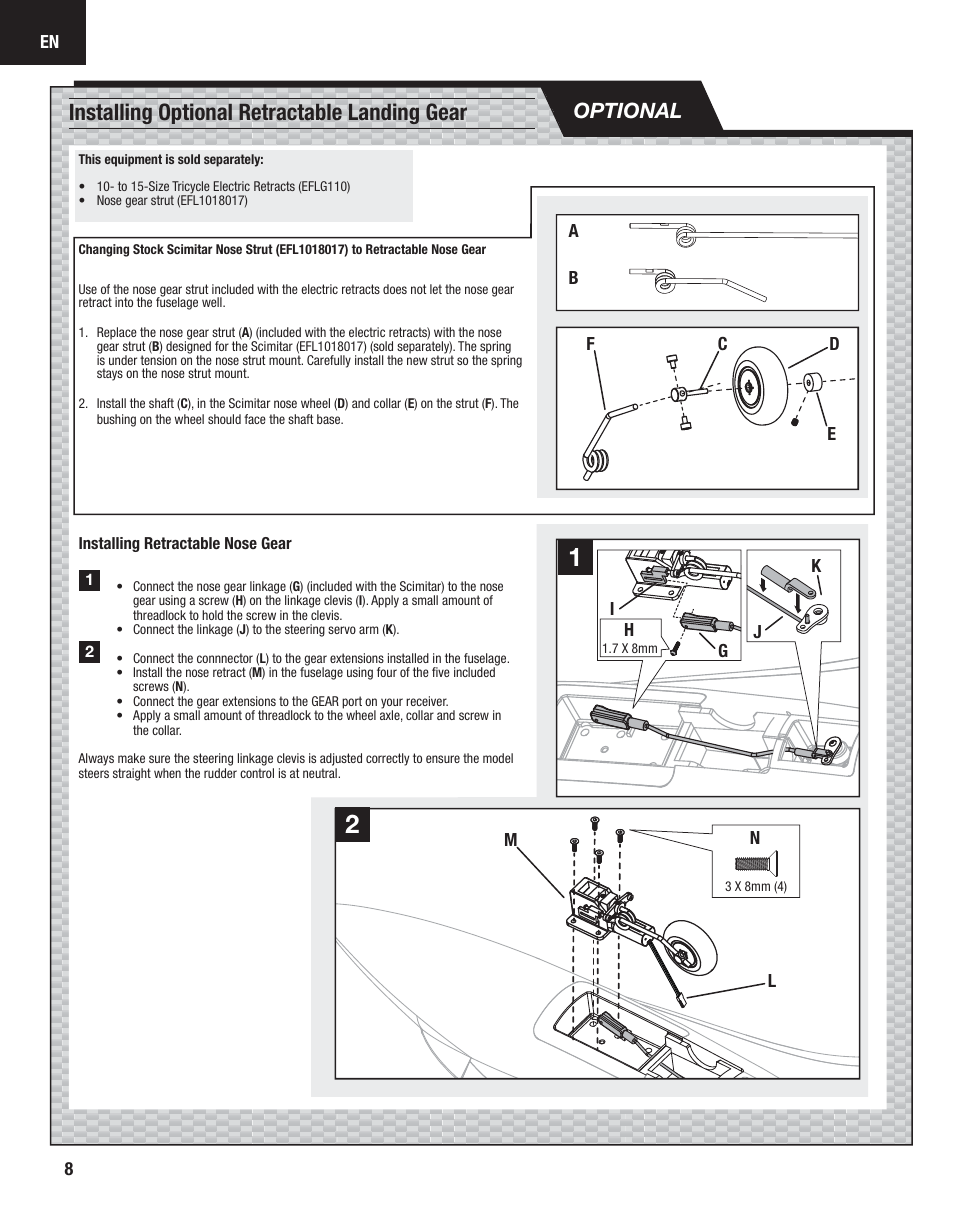Installing optional retractable landing gear, Optional | E-flite Carbon-Z Scimitar BNF User Manual | Page 8 / 28