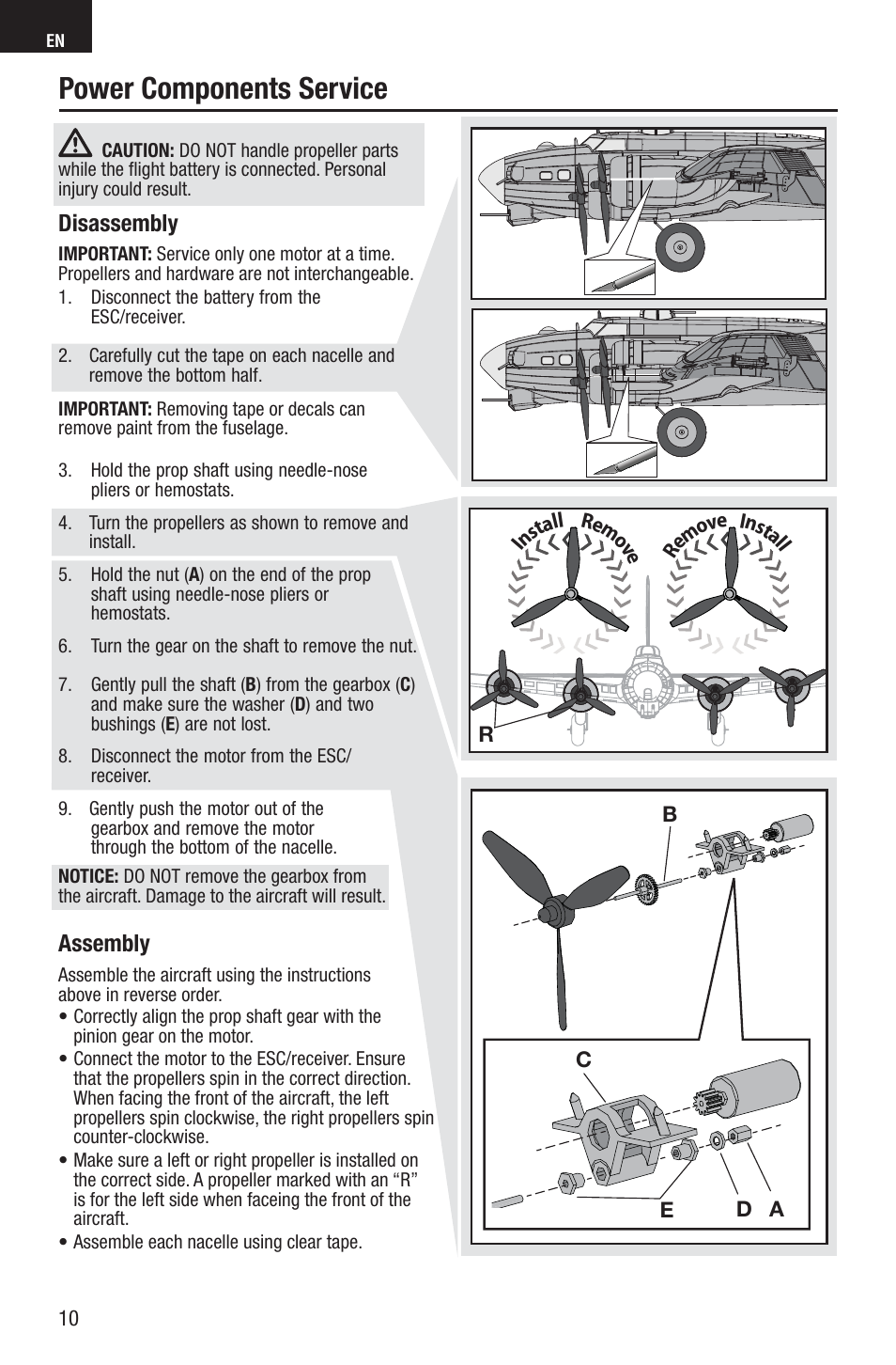 Power components service, Disassembly, Assembly | E-flite UMX B-17G Flying Fortress BNF User Manual | Page 10 / 18