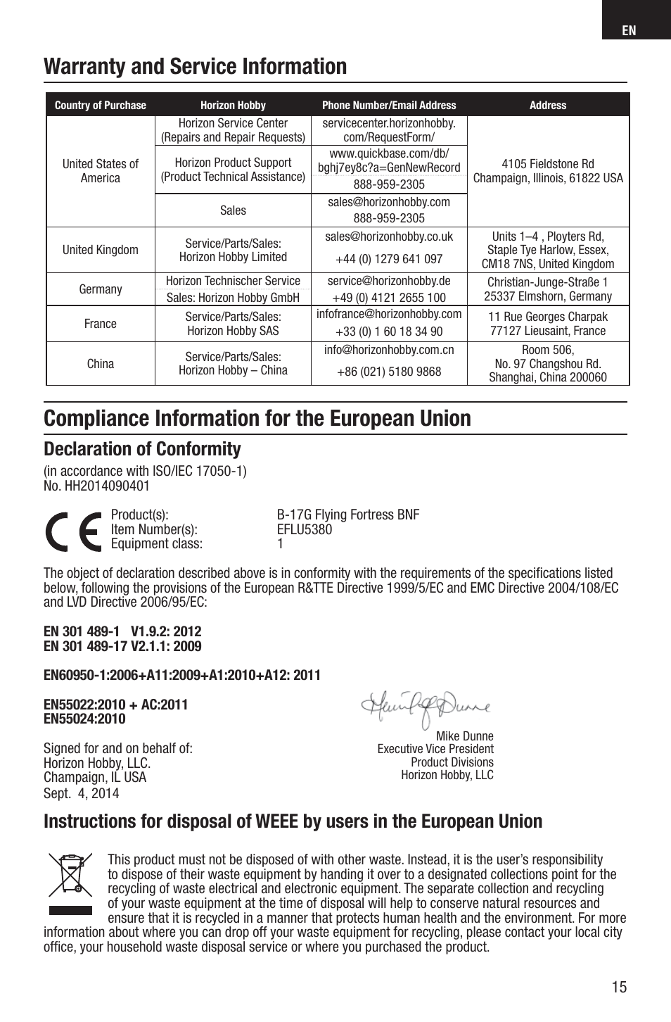 Compliance information for the european union, Warranty and service information, Declaration of conformity | E-flite UMX B-17G Flying Fortress BNF User Manual | Page 15 / 18
