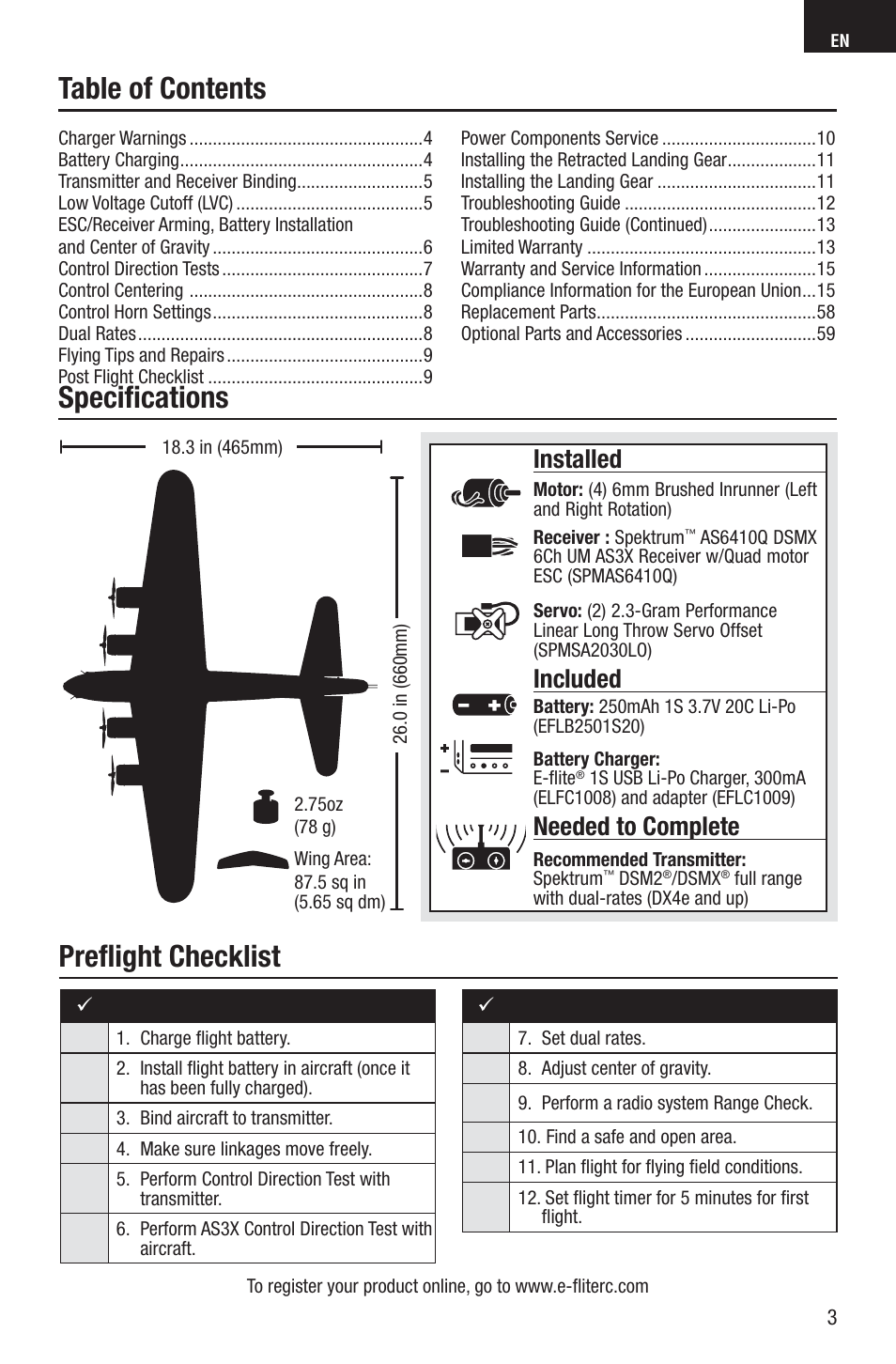 Table of contents speciﬁ cations, Preﬂ ight checklist, Installed | Included, Needed to complete | E-flite UMX B-17G Flying Fortress BNF User Manual | Page 3 / 18