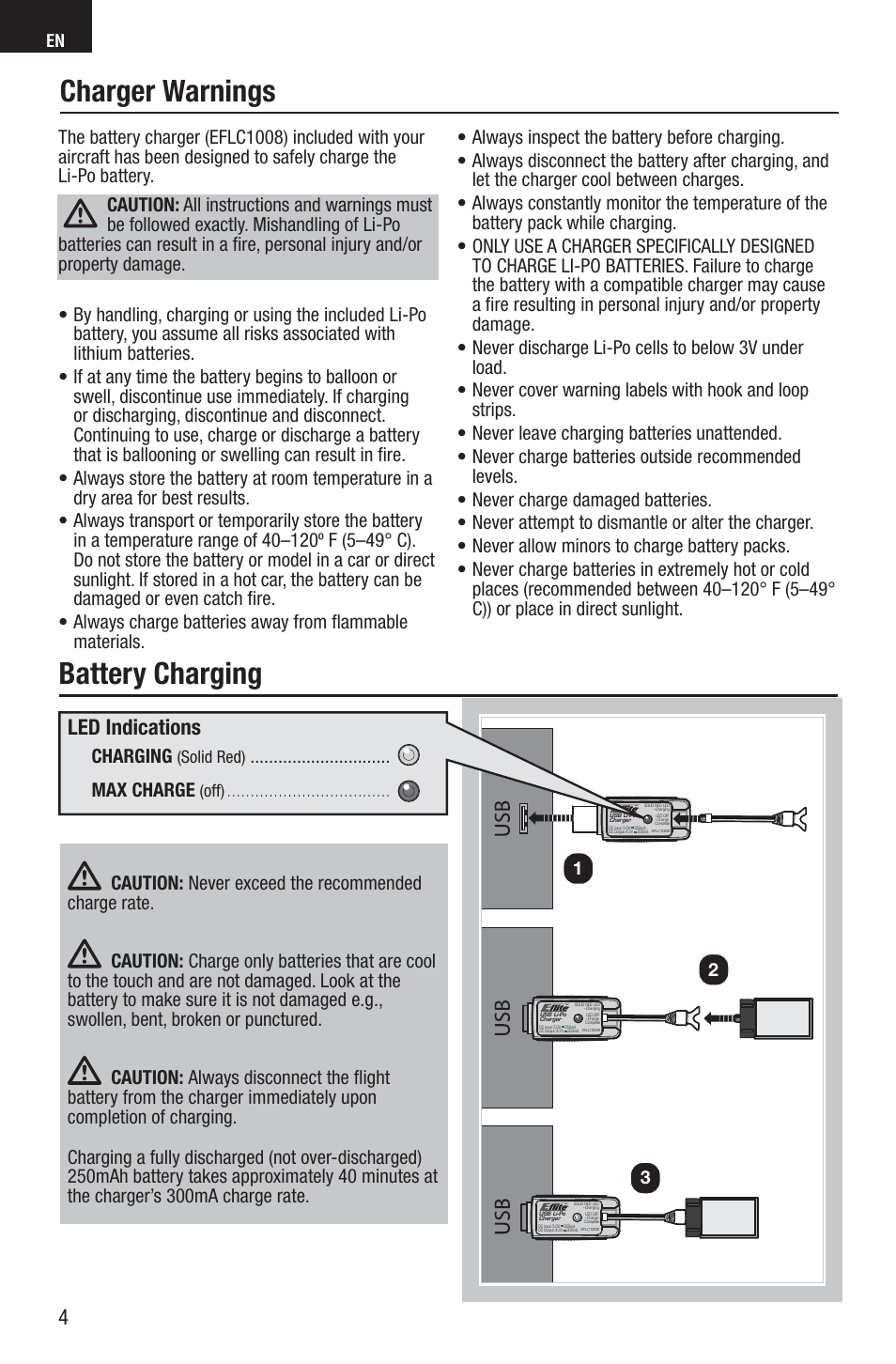 Charger warnings, Battery charging, Led indications | Charging, Max charge, Solid red), Off) | E-flite UMX B-17G Flying Fortress BNF User Manual | Page 4 / 18