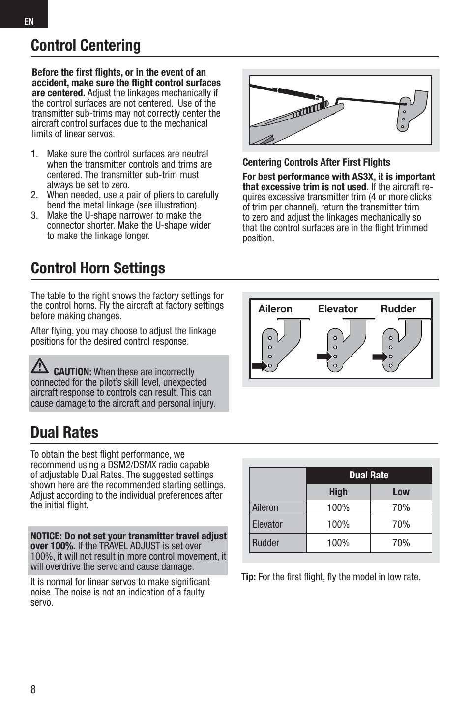 Control centering control horn settings, Dual rates | E-flite UMX B-17G Flying Fortress BNF User Manual | Page 8 / 18