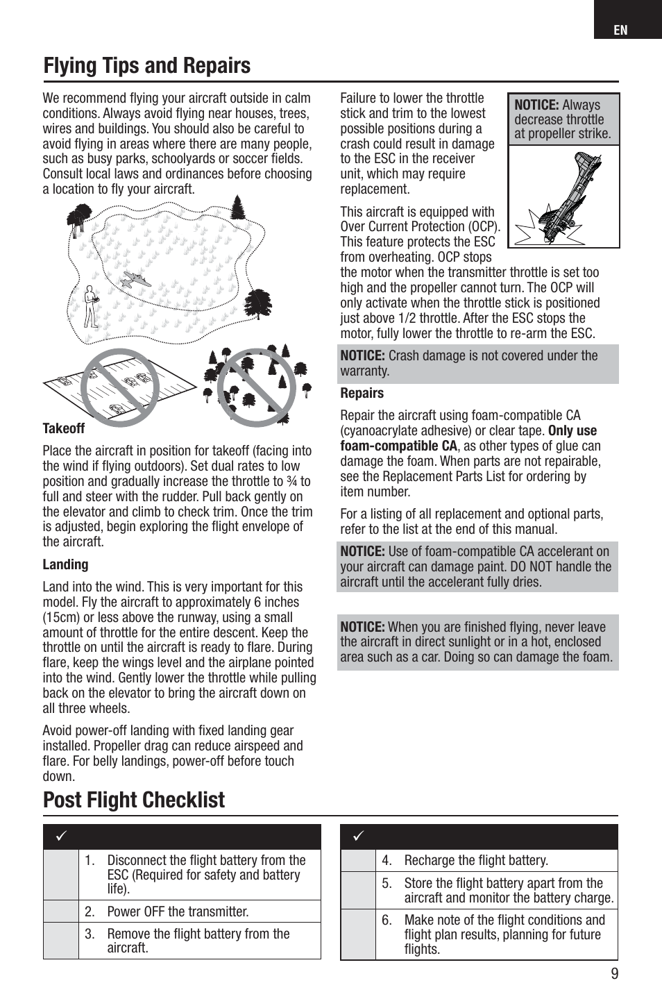 Post flight checklist, Flying tips and repairs | E-flite UMX B-17G Flying Fortress BNF User Manual | Page 9 / 18