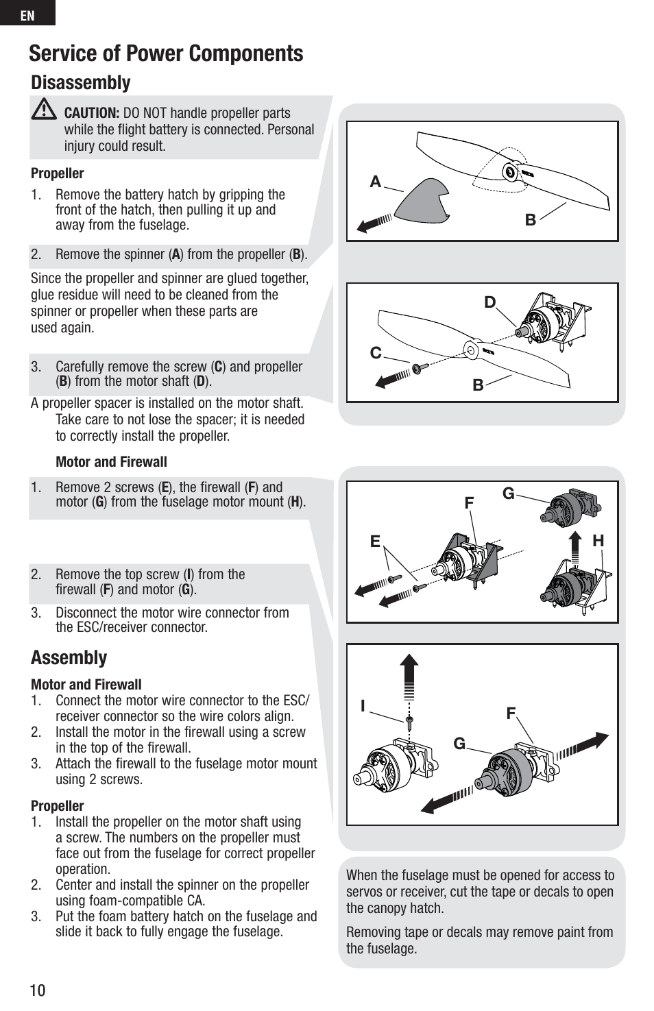 Service of power components, Disassembly, Assembly | E-flite UMX Sbach 342 3D BNF Basic User Manual | Page 10 / 17
