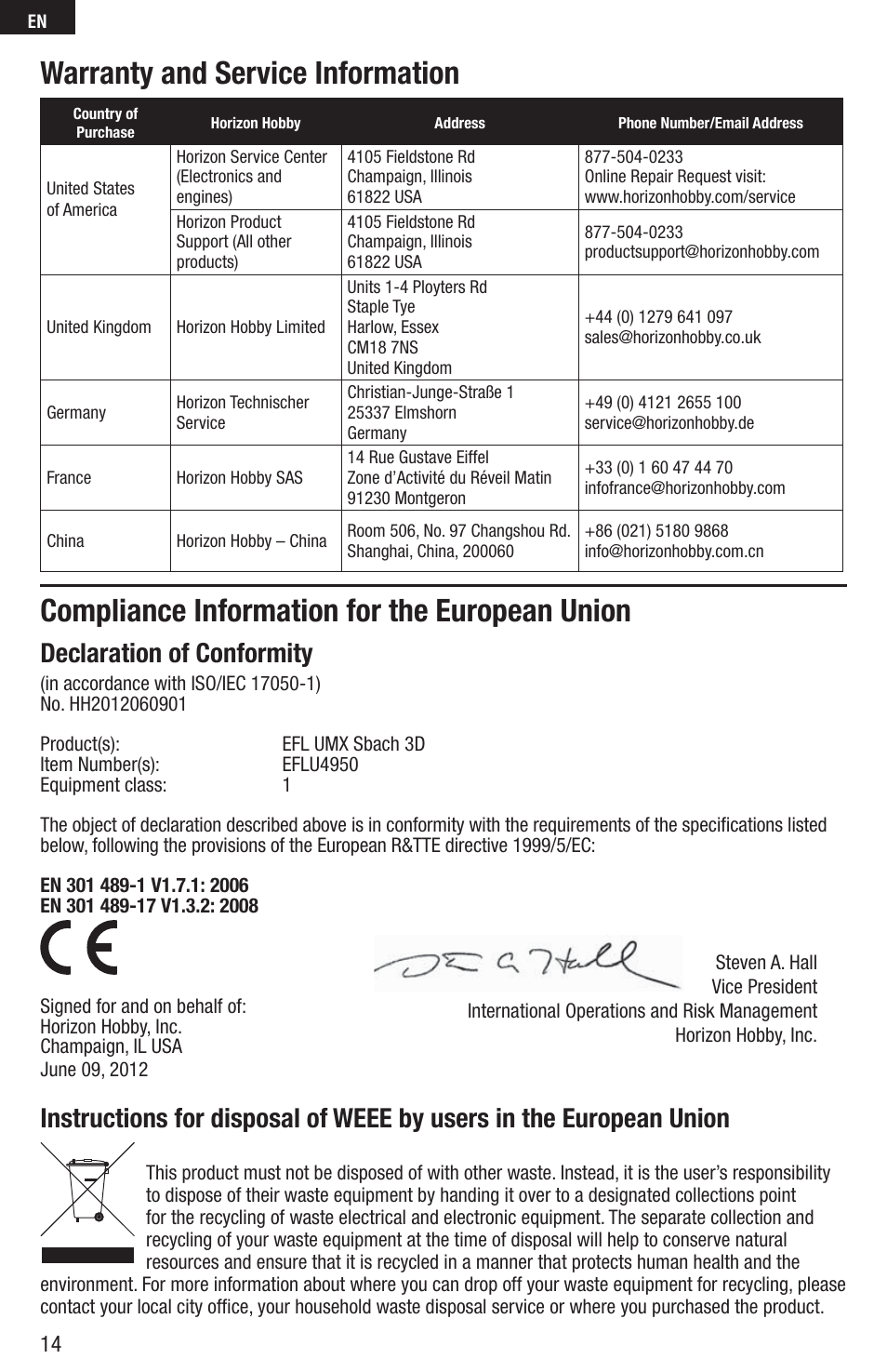 Compliance information for the european union, Warranty and service information, Declaration of conformity | E-flite UMX Sbach 342 3D BNF Basic User Manual | Page 14 / 17