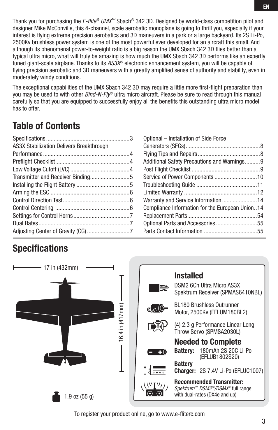 E-flite UMX Sbach 342 3D BNF Basic User Manual | Page 3 / 17