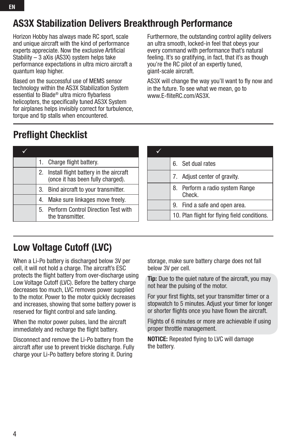 Low voltage cutoff (lvc) preﬂ ight checklist | E-flite UMX Sbach 342 3D BNF Basic User Manual | Page 4 / 17