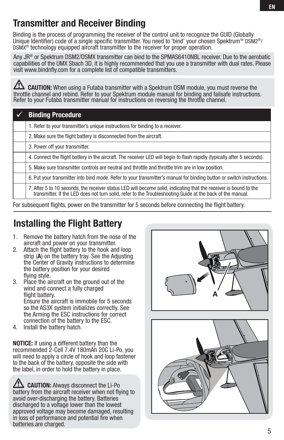 Installing the flight battery, Transmitter and receiver binding, Binding procedure | E-flite UMX Sbach 342 3D BNF Basic User Manual | Page 5 / 17