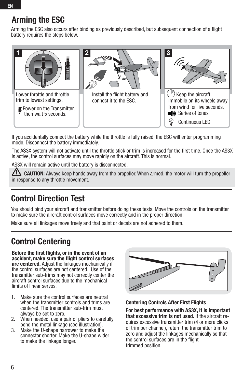 Arming the esc, Control direction test control centering | E-flite UMX Sbach 342 3D BNF Basic User Manual | Page 6 / 17