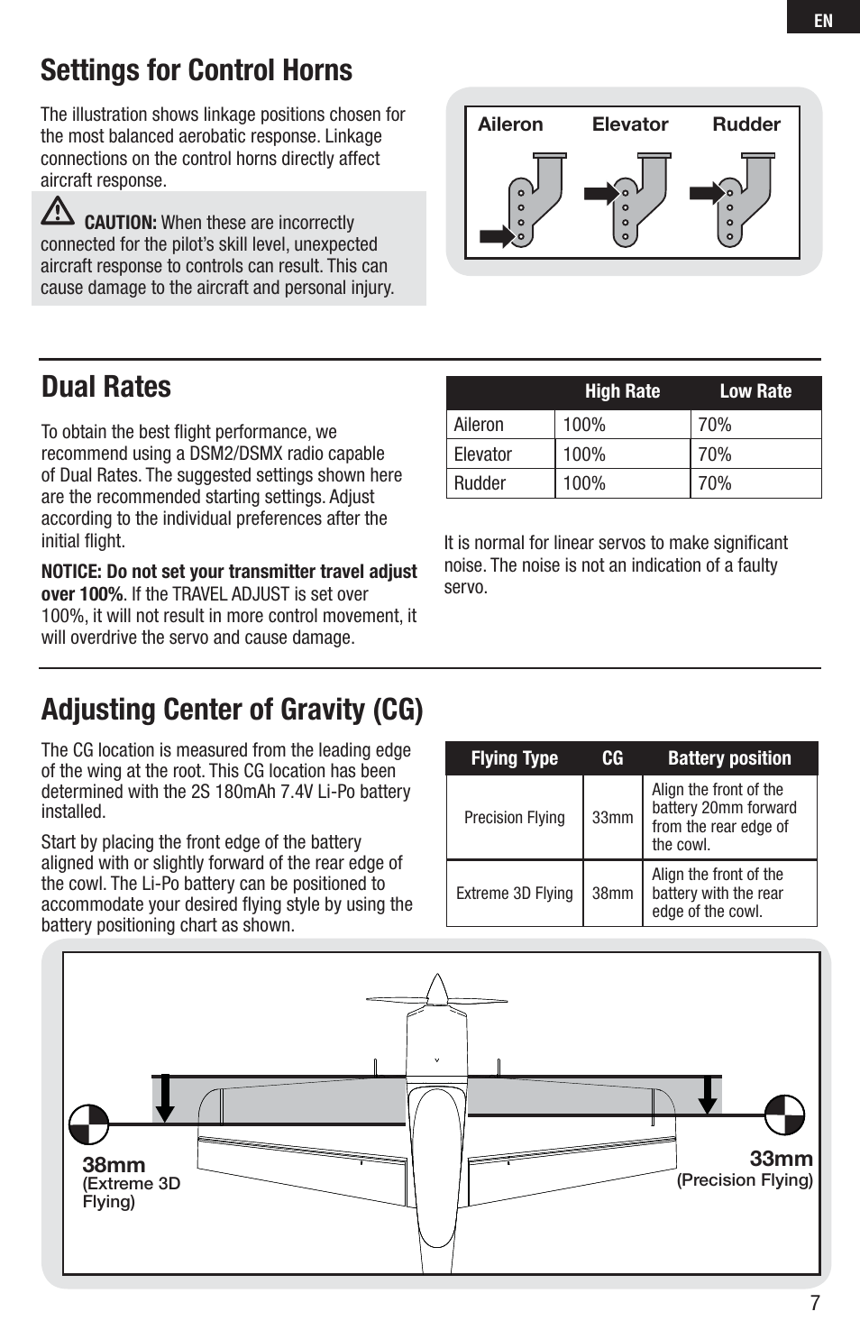 Settings for control horns, Adjusting center of gravity (cg), Dual rates | E-flite UMX Sbach 342 3D BNF Basic User Manual | Page 7 / 17