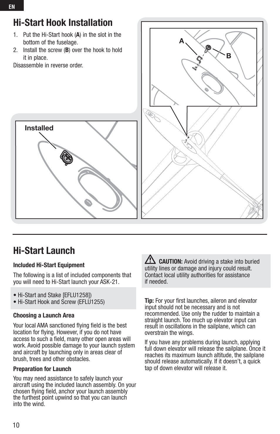 Hi-start hook installation, Hi-start launch | E-flite UMX ASK-21 BNF User Manual | Page 10 / 21