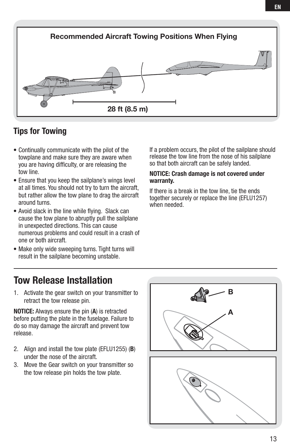 Tow release installation, Tips for towing | E-flite UMX ASK-21 BNF User Manual | Page 13 / 21