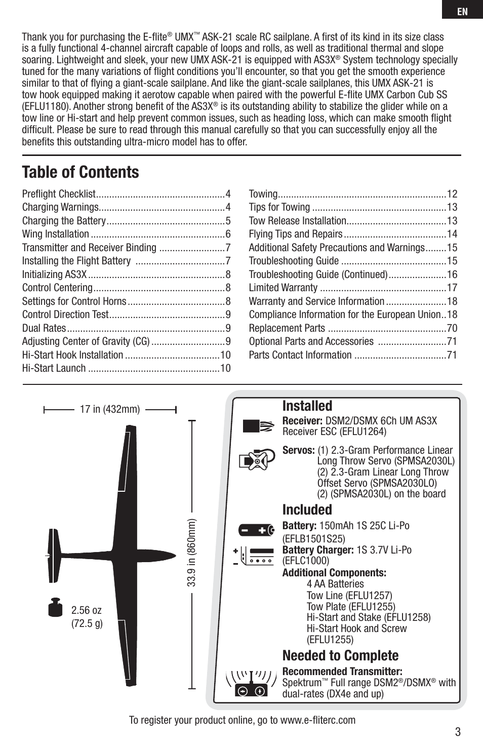 E-flite UMX ASK-21 BNF User Manual | Page 3 / 21