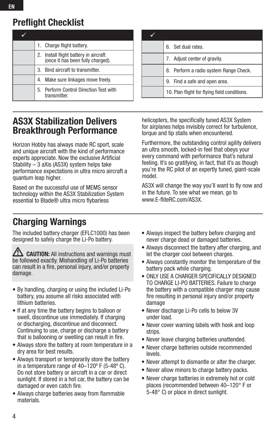 Preﬂ ight checklist, Charging warnings | E-flite UMX ASK-21 BNF User Manual | Page 4 / 21