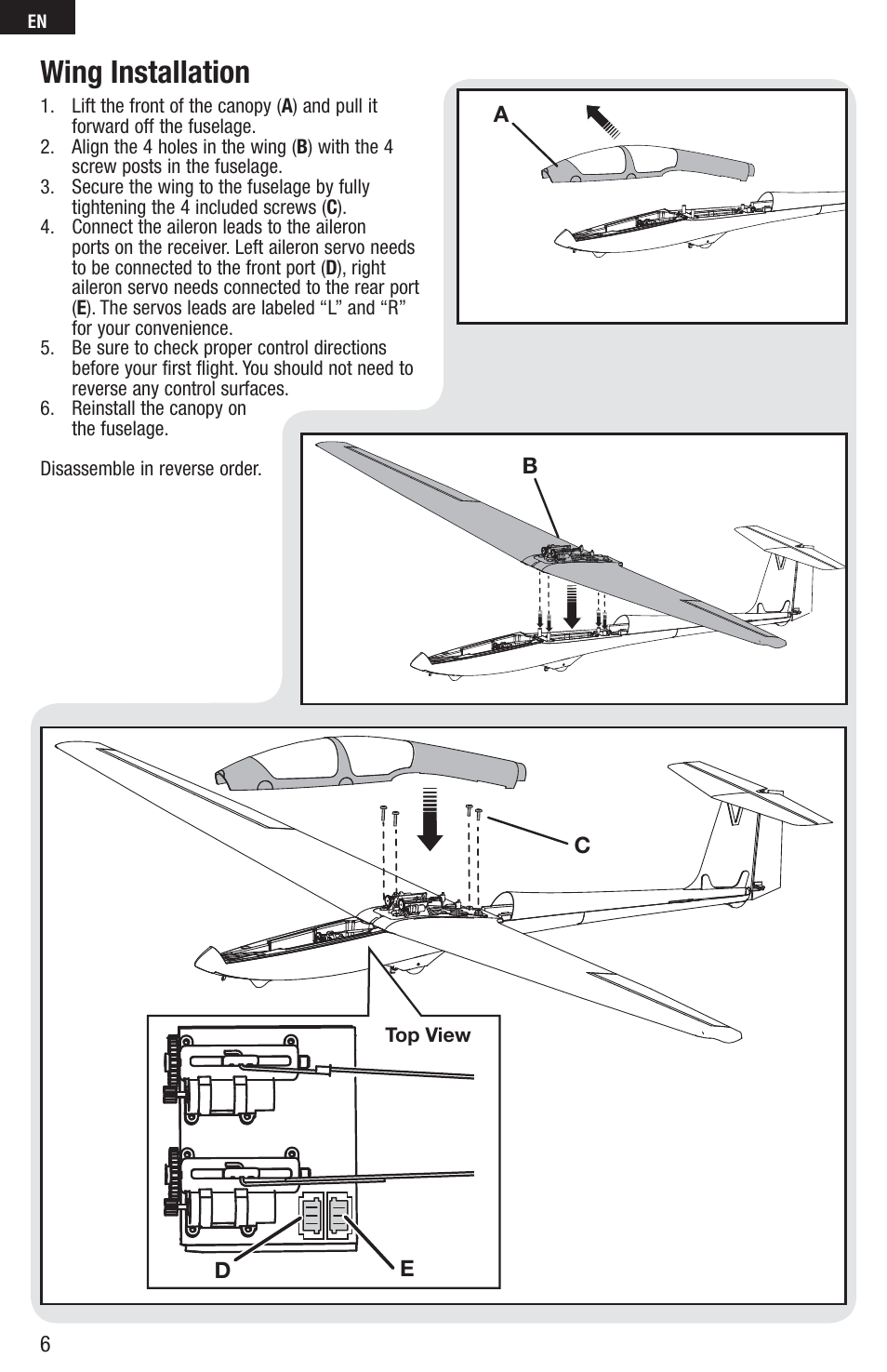 Wing installation | E-flite UMX ASK-21 BNF User Manual | Page 6 / 21