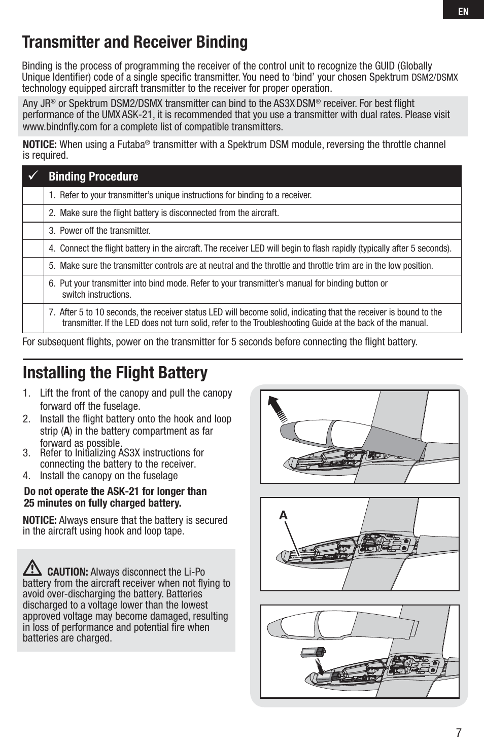 Transmitter and receiver binding, Installing the flight battery, Binding procedure | E-flite UMX ASK-21 BNF User Manual | Page 7 / 21