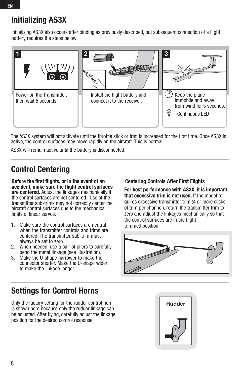 Initializing as3x, Settings for control horns, Control centering | E-flite UMX ASK-21 BNF User Manual | Page 8 / 21