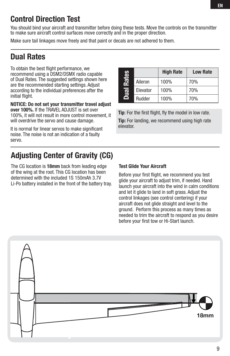 Control direction test dual rates, Adjusting center of gravity (cg), Dual rates | E-flite UMX ASK-21 BNF User Manual | Page 9 / 21