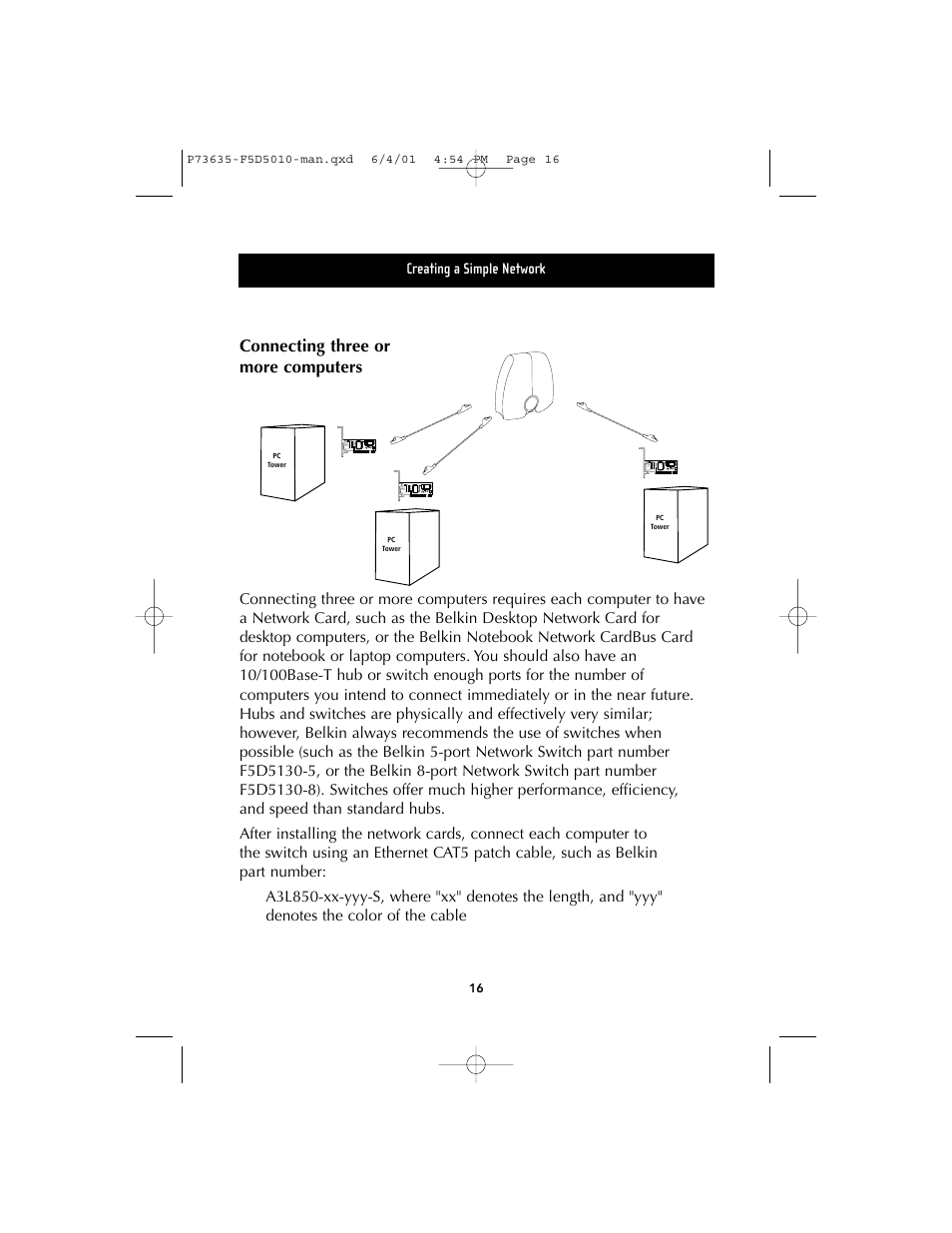 Connecting three or more computers, Creating a simple network | Belkin F5D5010 User Manual | Page 19 / 52