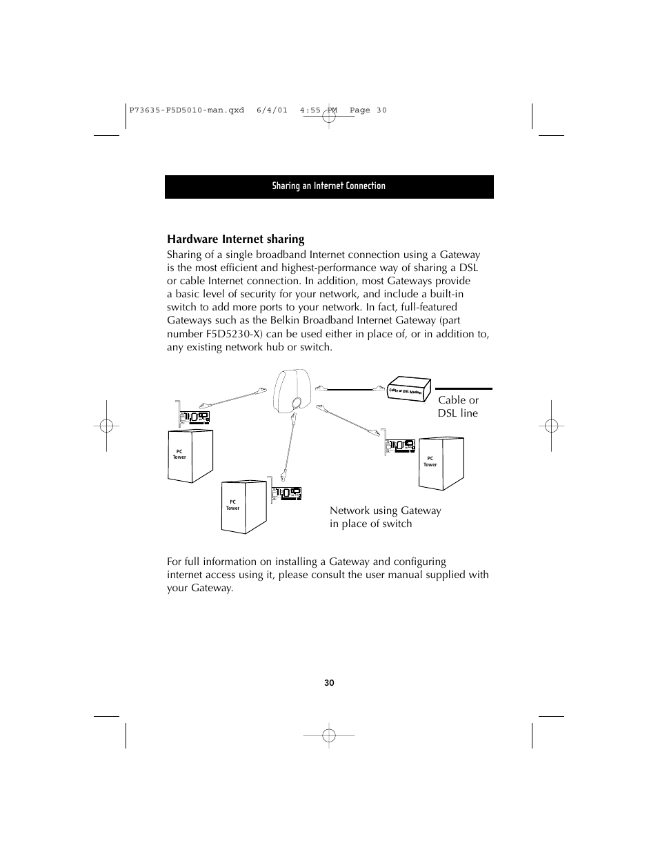 Hardware internet sharing, Sharing an internet connection | Belkin F5D5010 User Manual | Page 33 / 52